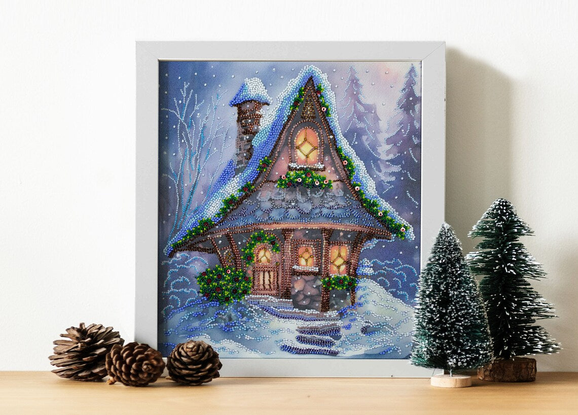 Bead embroidery kit Christmas house Size: 9.8"×11.0" (25×28 cm)