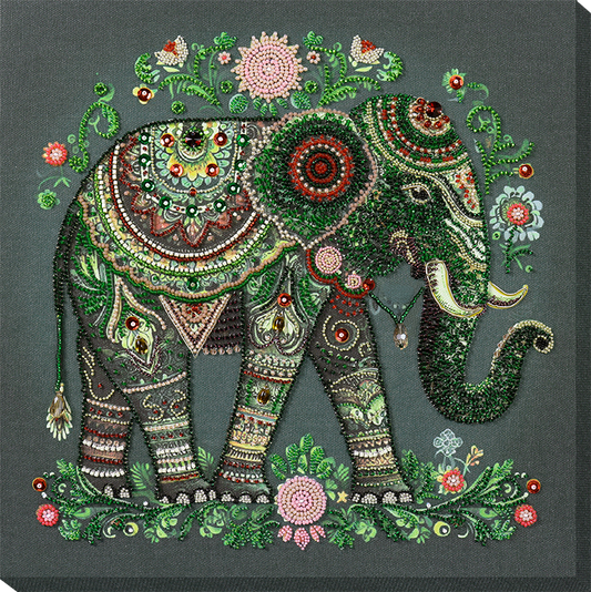 Bead embroidery kit Green elephant Size: 11.8"×11.8" (30×30 cm)