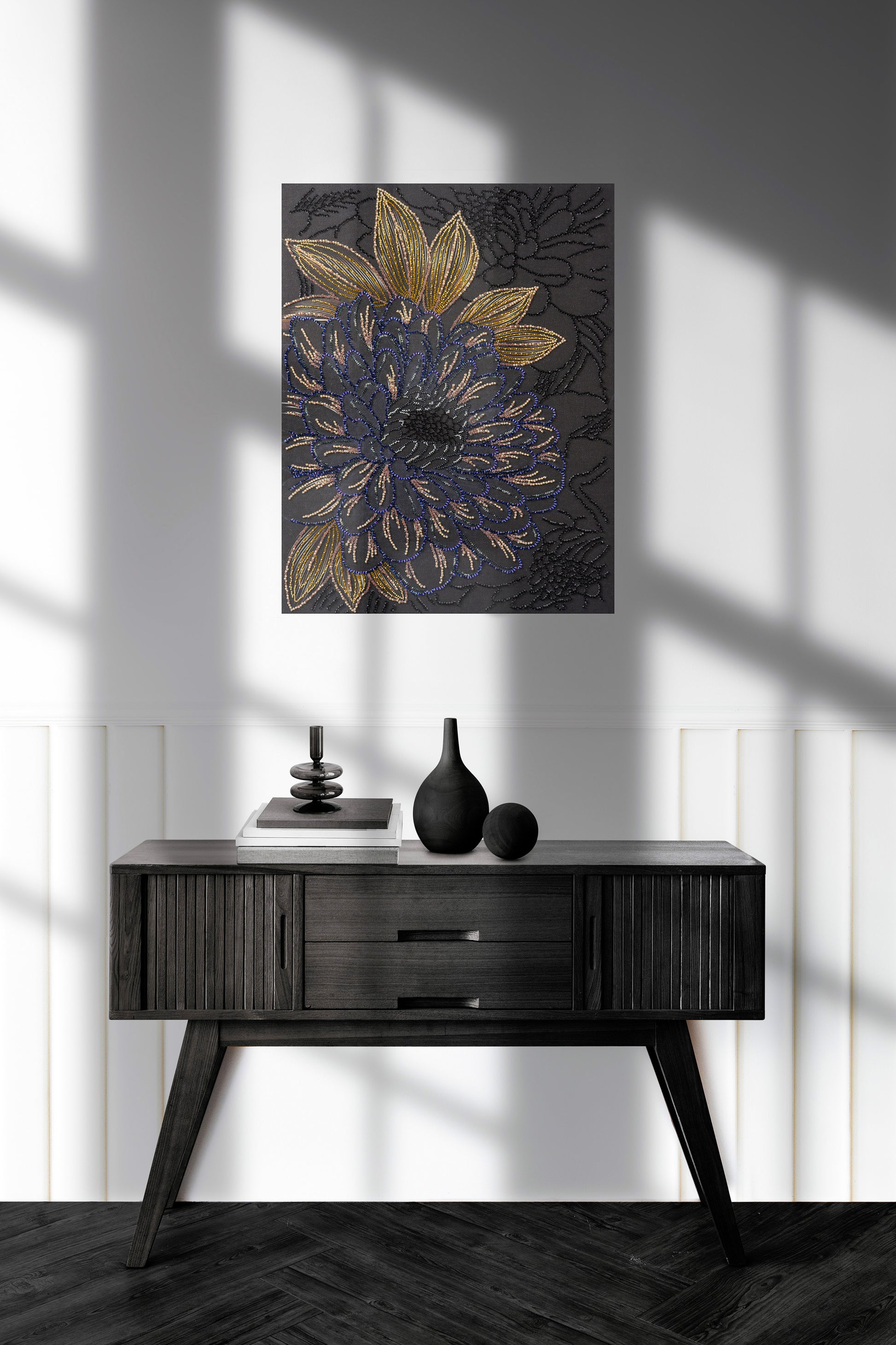 Bead embroidery kit Black flower Size: 11.8"×15.7" (30×40 cm)