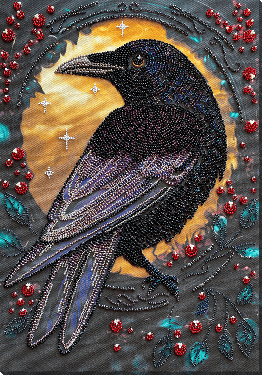Bead embroidery kit Crow Size: 9.8"×13.8" (25×35 cm)