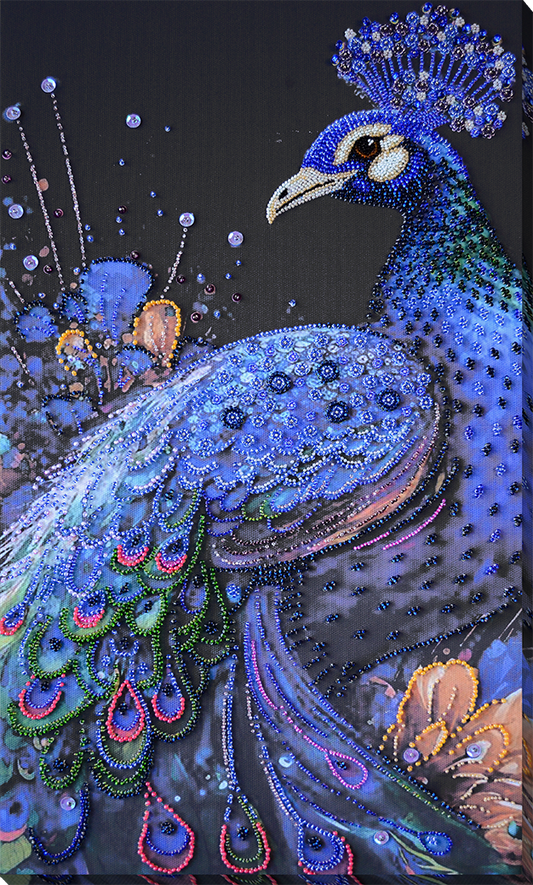 Bead embroidery kit Blue peacock Size: 9.8"×17.7" (25×45 cm)
