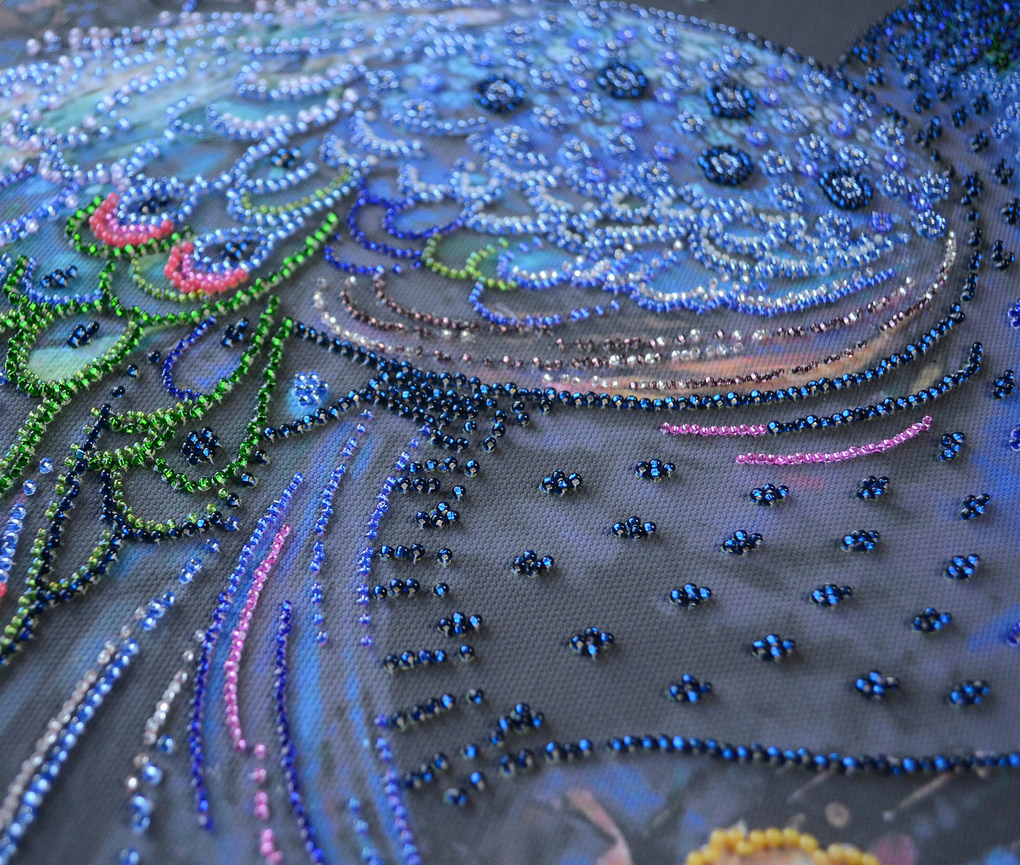 Bead embroidery kit Blue peacock Size: 9.8"×17.7" (25×45 cm)