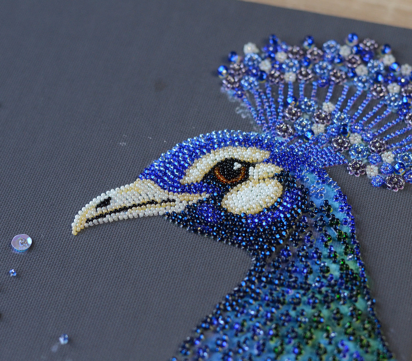 Bead embroidery kit Blue peacock Size: 9.8"×17.7" (25×45 cm)