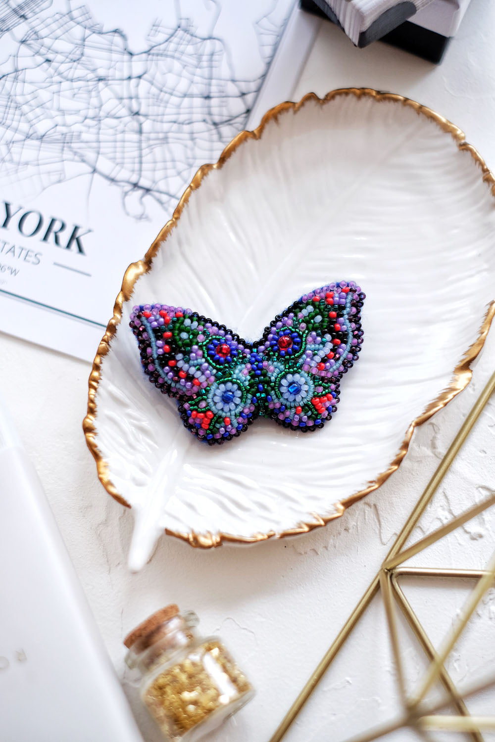 Bead embroidery brooch kit Blue butterfly Size: 1.6"x2.7" (4×7 сm)