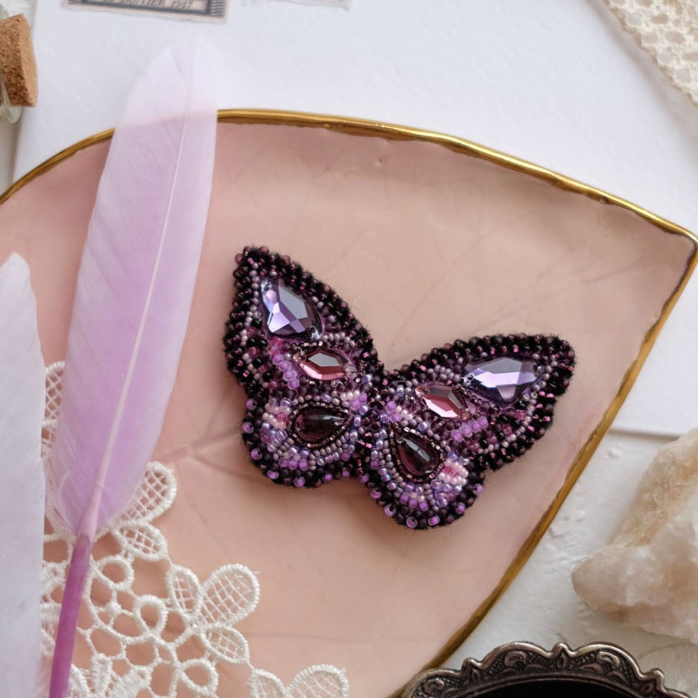 Bead embroidery brooch kit Purple butterfly Size: 1.6"x2.7" (4×7 сm)