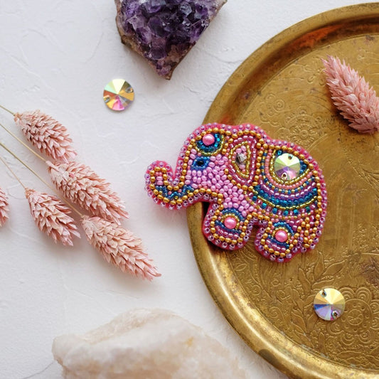 Bead embroidery brooch kit Pink elephant Size: 1.8"×2.7" (4.7x6.8 cm)