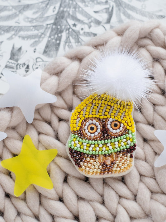 Bead embroidery brooch kit Owl-2 Size: 1.7"×2.2" (4.4x5.7 cm)