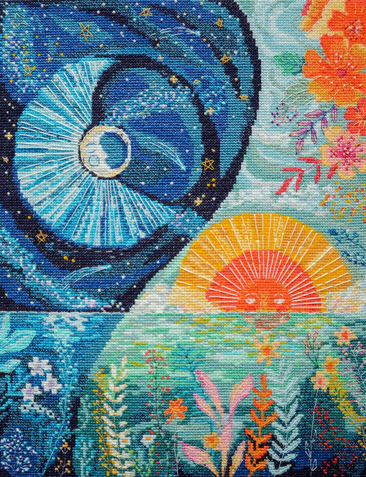 Cross stitch kit Sun and moon Size: 10.6"×13.4" (27x34 cm)