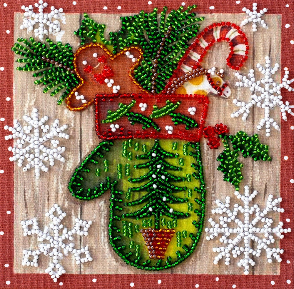 Mini Bead embroidery kit Mitten Size: 5.9"×5.9" (15×15 сm)