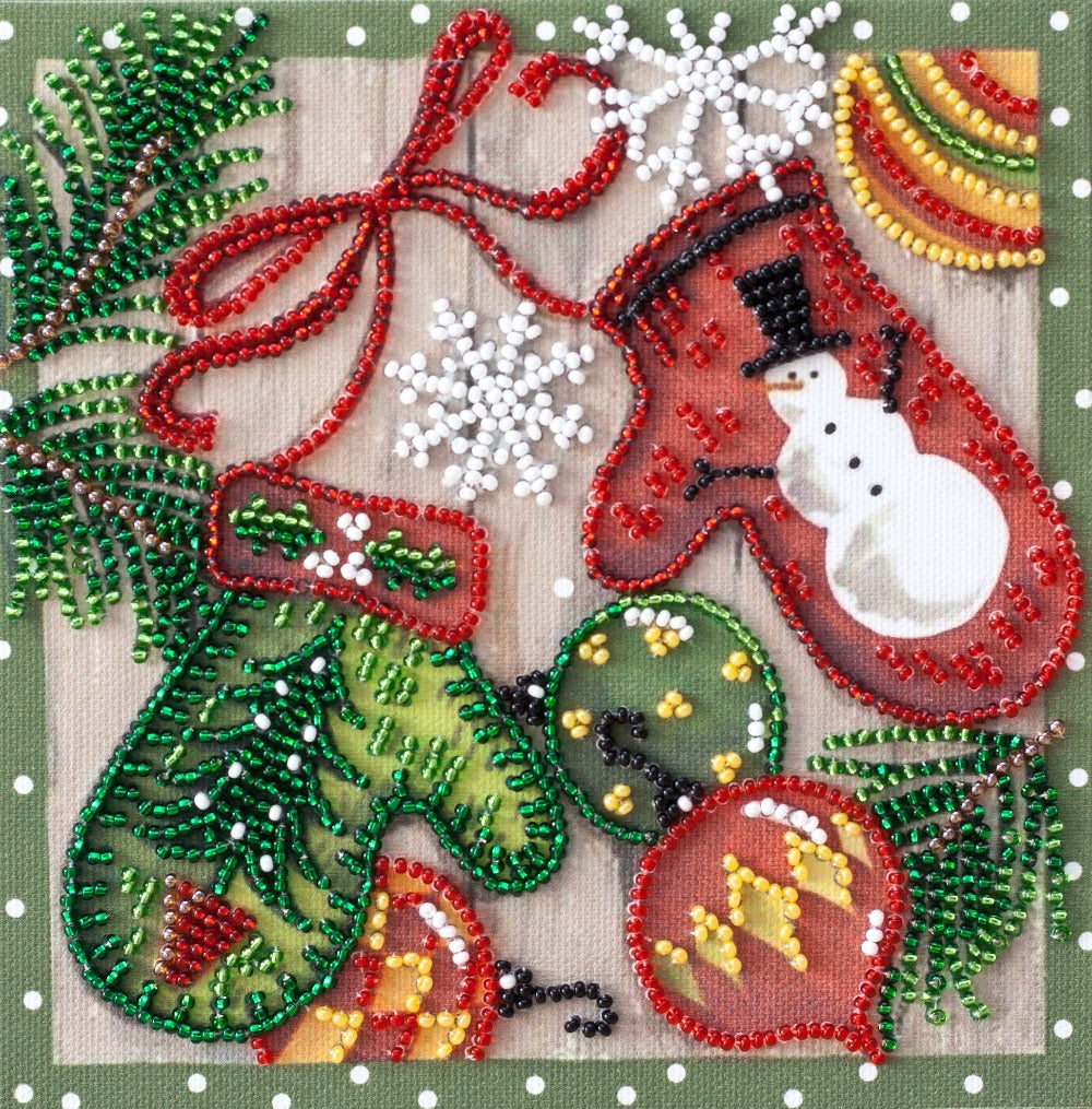 Mini bead embroidery kit Christmas mittens Size: 5.9"×5.9" (15×15 сm)