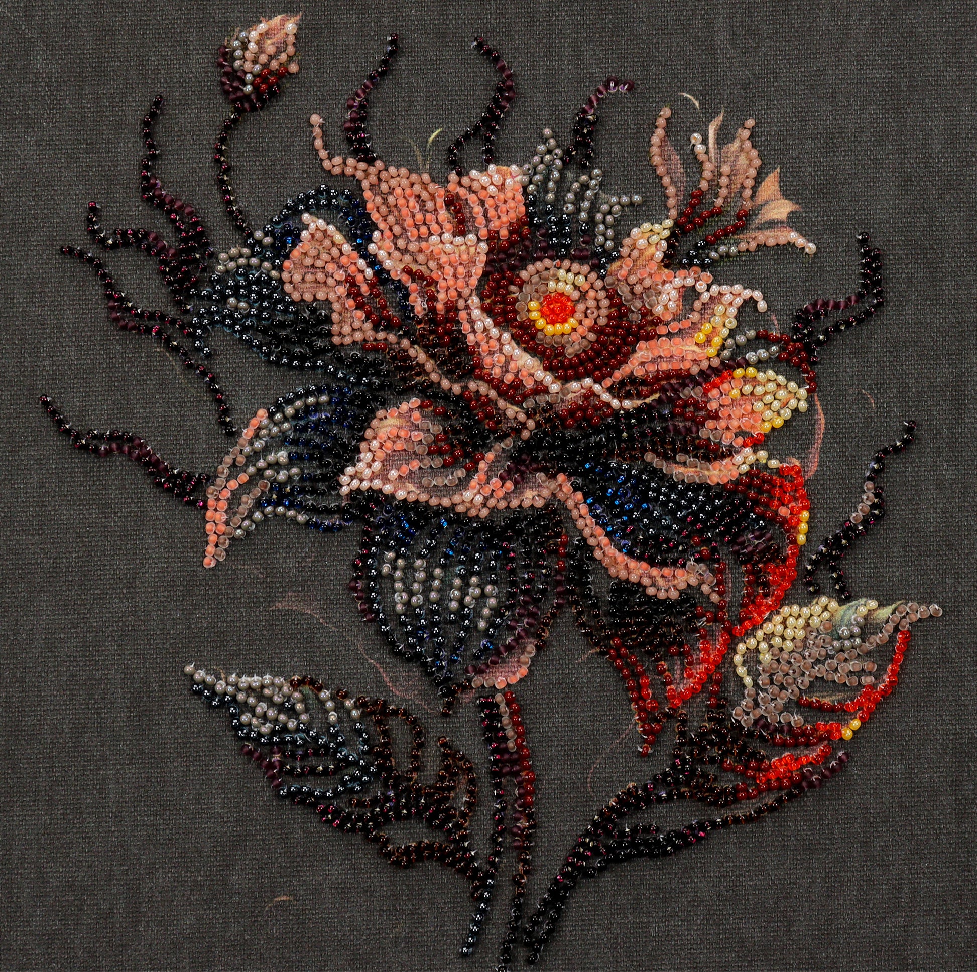 Bead embroidery kit Black flower Size: 7.9"×7.9" (20×20 cm)