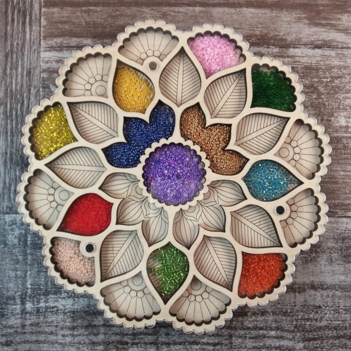 Wood bead organizer with lid Mandala flower-2