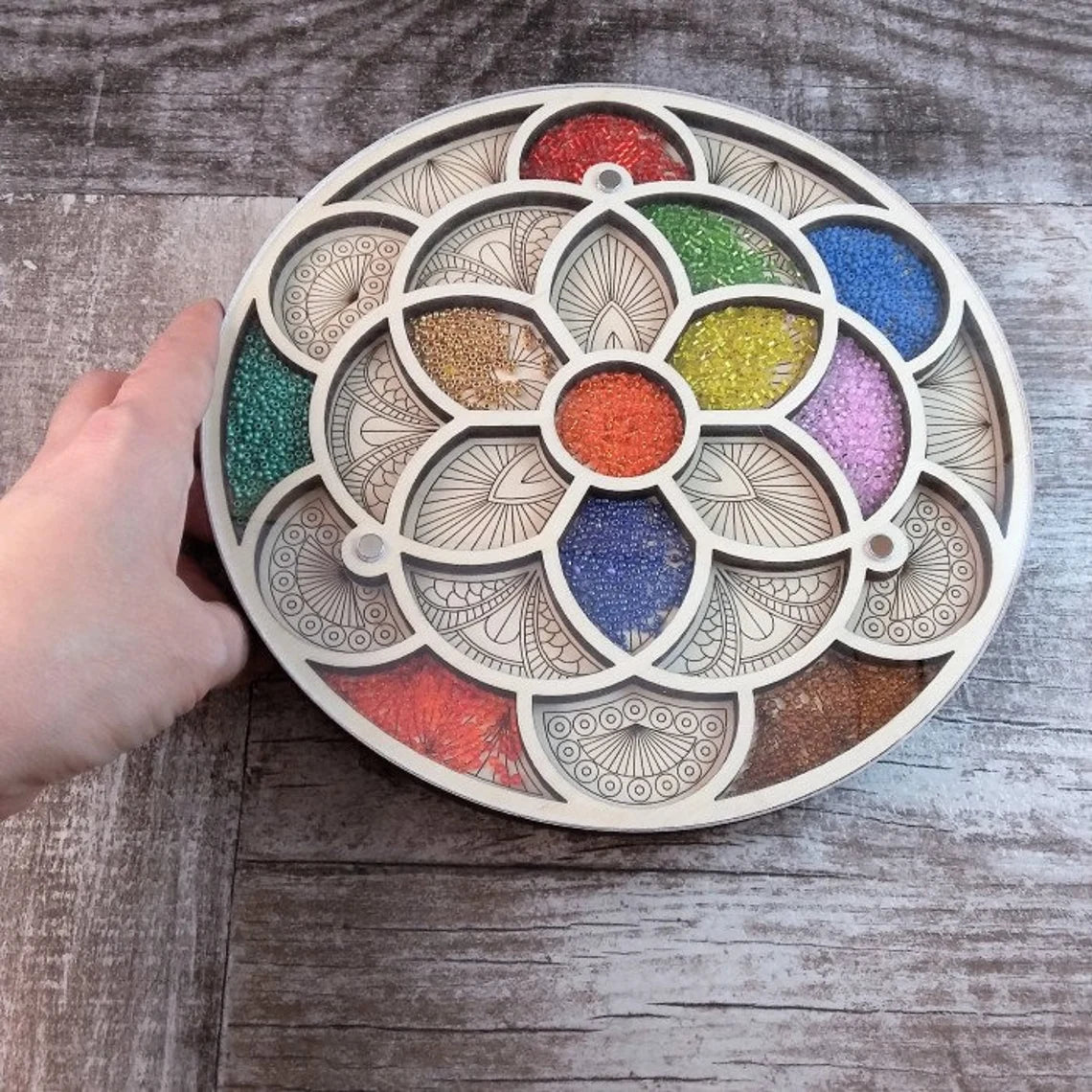 Wood bead organizer with lid Mandala flower-3