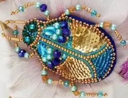 Bead embroidery brooch kit Azurite beetle Size: 1.7"×2.7" (4.4x7 cm)