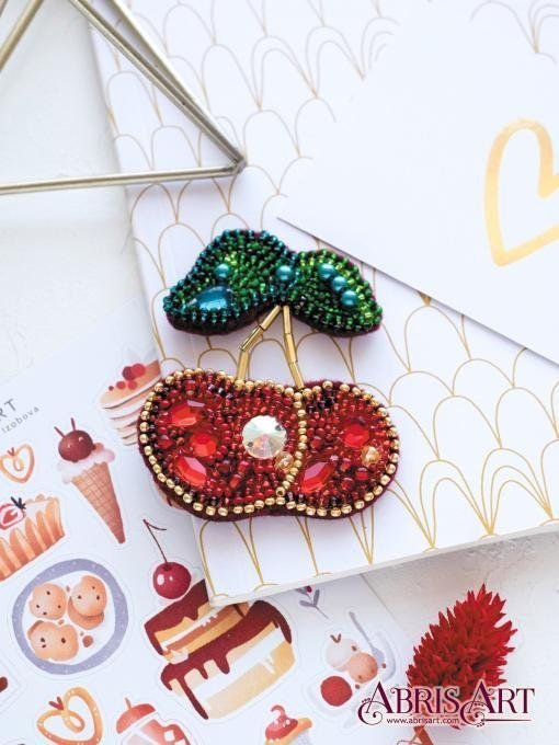 Bead embroidery brooch kit Cherries Size: 2.3"×2.7" (6x7 cm)