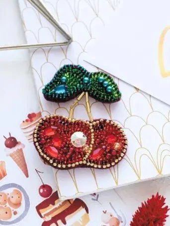 Bead embroidery brooch kit Cherries Size: 2.3"×2.7" (6x7 cm)