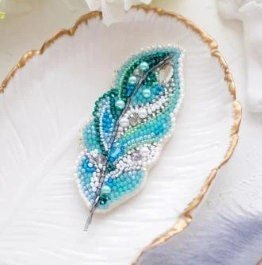 Bead embroidery brooch kit Light feather Size: 1.6"x3.1" (4x8 сm)