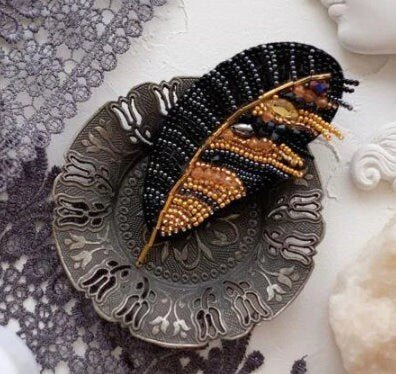 Bead embroidery brooch kit Beautiful feather Size: 2.3"×3.3" (6x8.5 cm)