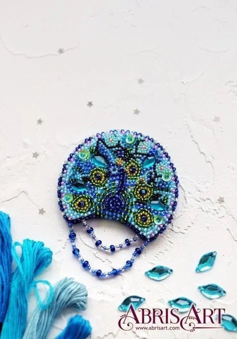 Bead embroidery brooch kit Peacock Size: 2.2"×2.5" (5.6x6.3 cm)