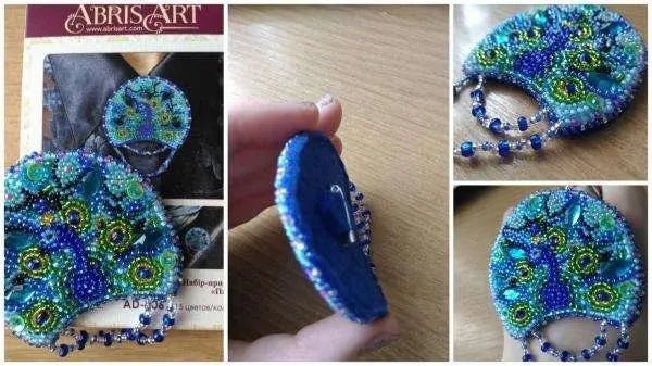 Bead embroidery brooch kit Peacock Size: 2.2"×2.5" (5.6x6.3 cm)