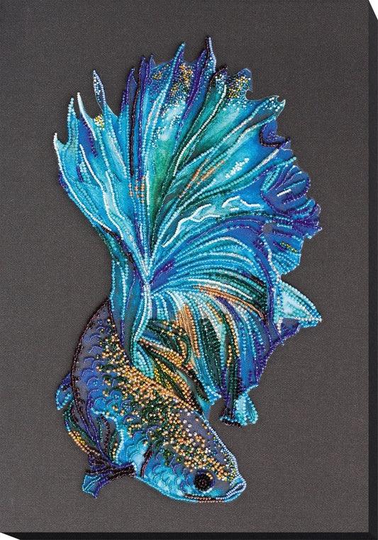 Bead embroidery kit Fish Blue gold Size: 10.6"×15.3" (27×39 cm)