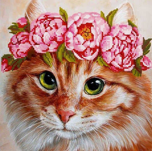 Bead embroidery kit Cat with flowers Size: 9.8"×9.8" (25×25 cm)