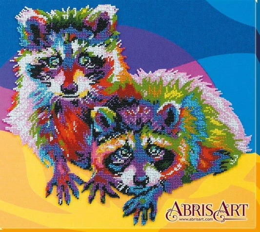 Bead embroidery kit Colorful raccoons Size: 11.8"×13.4" (30×34 cm)