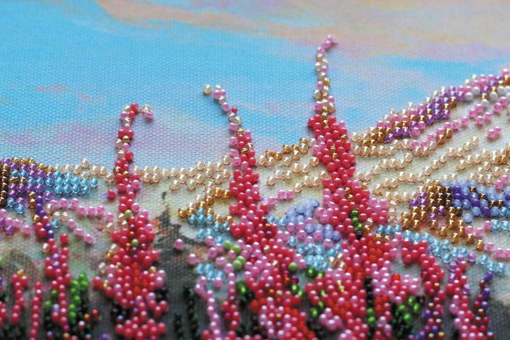 Bead embroidery kit Flower mountain Size: 9.8"×13.8" (25×35 cm)