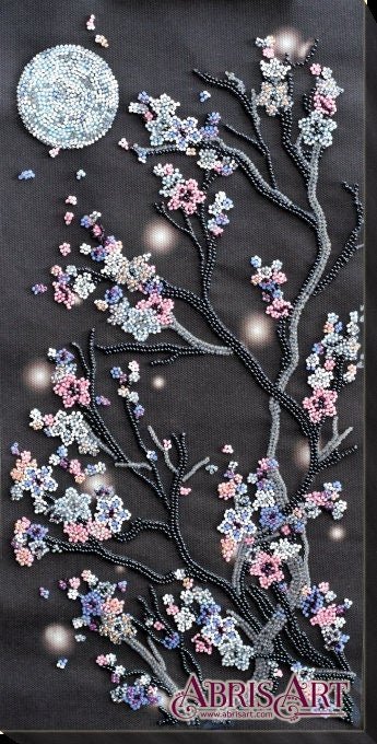 Bead embroidery kit Night sakura Size: 7.8"×16.1" (20×41 cm)