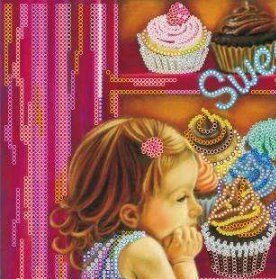 Bead embroidery kit Girl and sweets Size: 11.8"×11.8" (30×30 cm)