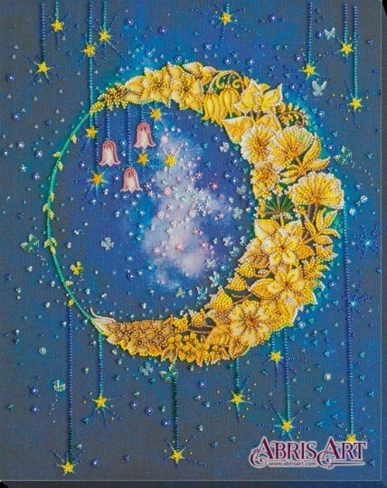 Bead embroidery kit Moon and flowers Size: 9.8"х14.1" (25x36 cm)