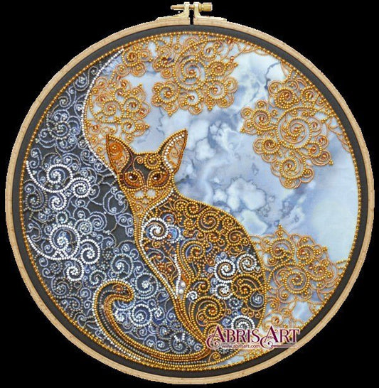 Bead embroidery kit Moon cat Size: 12.6"х12.6" (32x32 cm)