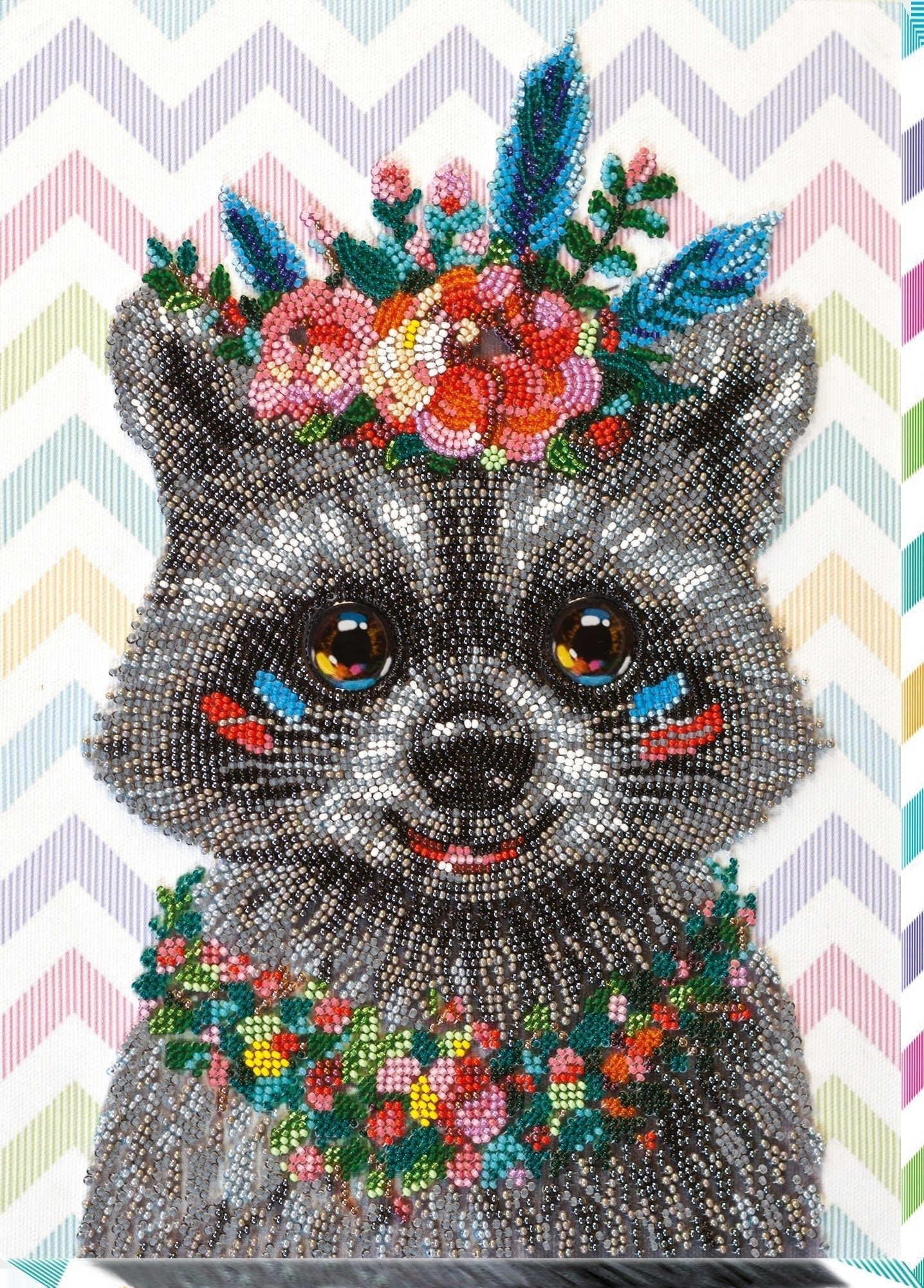 Bead embroidery kit Raccoon Size: 9"×12.6" (23×32 cm)