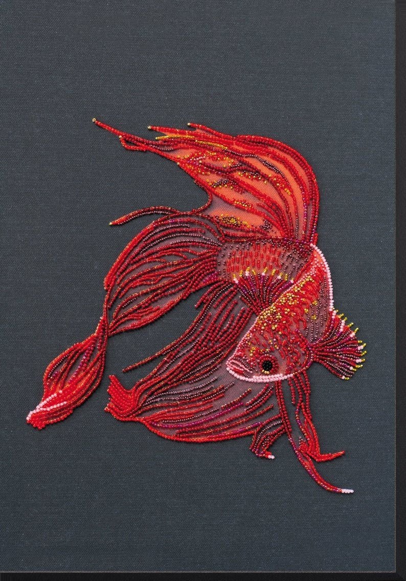 Bead embroidery kit Fish Red gold Size: 10.6"×15.3" (27×39 cm)