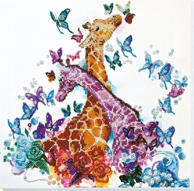 Bead embroidery kit Spotted giraffes Size: 11.8"×11.8" (30×30 cm)