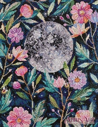 Cross stitch kit Moon and flowers Size: 10.6"×13.4" (27x34 cm)