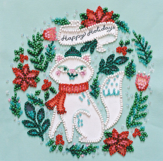 Mini Bead embroidery kit Kitty Christmas Size: 5.9"×5.9" (15×15 сm)